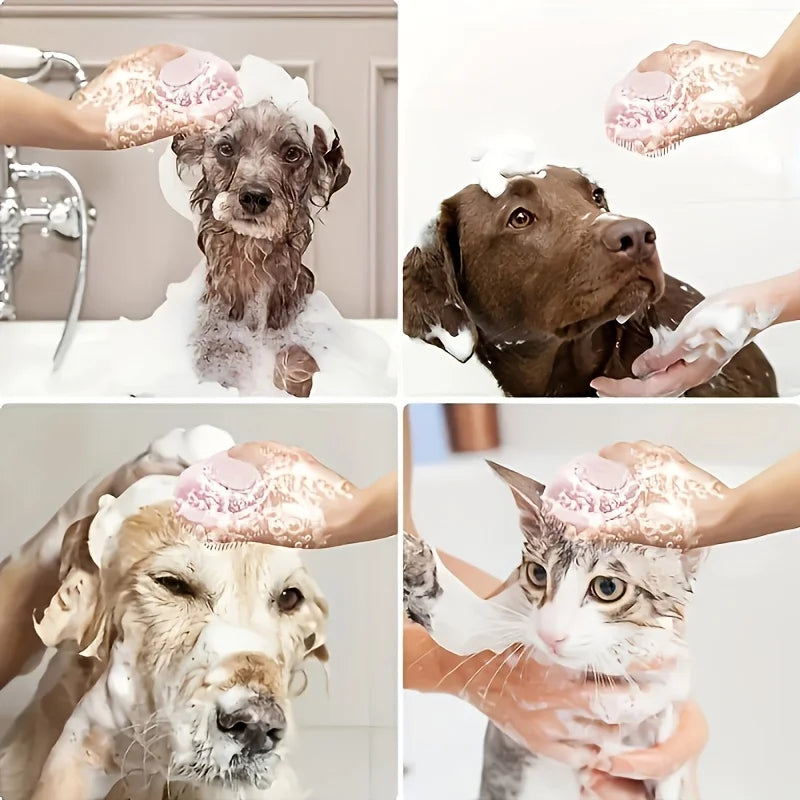 Collage of dogs and a cat being washed with soapy water.
