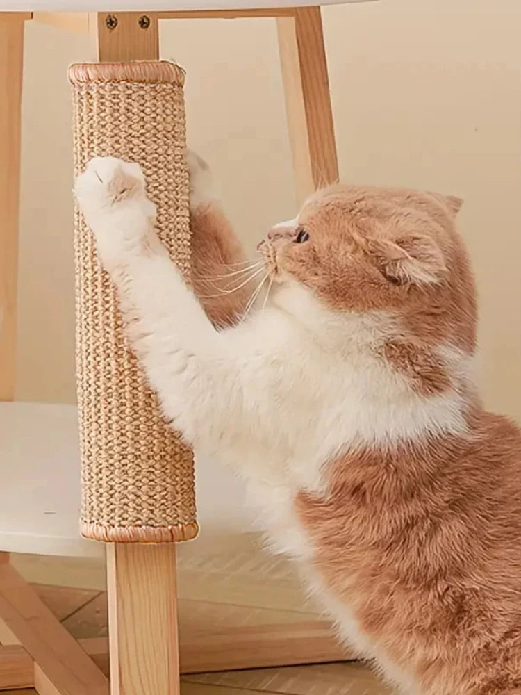 Cat playing with a wicker scratching post on a wooden stand.