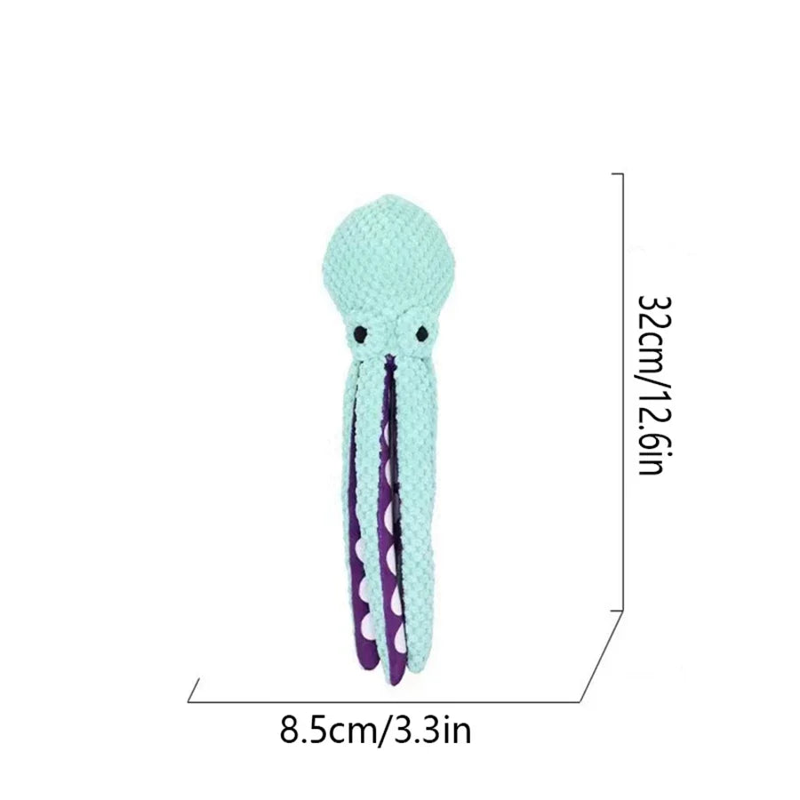 Plush octopus toy with measurements on a white background