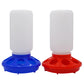 Two poultry feeders, one blue and one red, on a white background