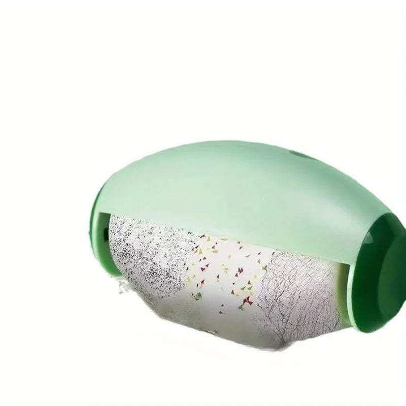 Green pet toy with crumbly interior on a white background