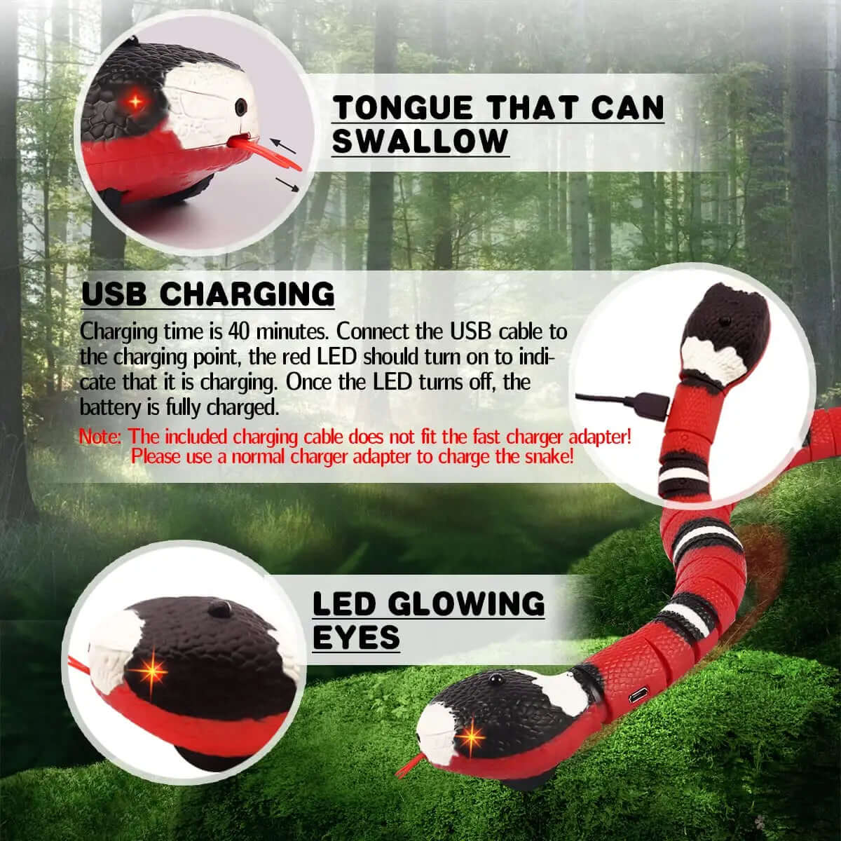 Toy snake with USB charging feature and LED glowing eyes on a forest background