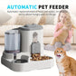 Automatic pet feeder with a cat and child on a couch, emphasizing convenience for pets.