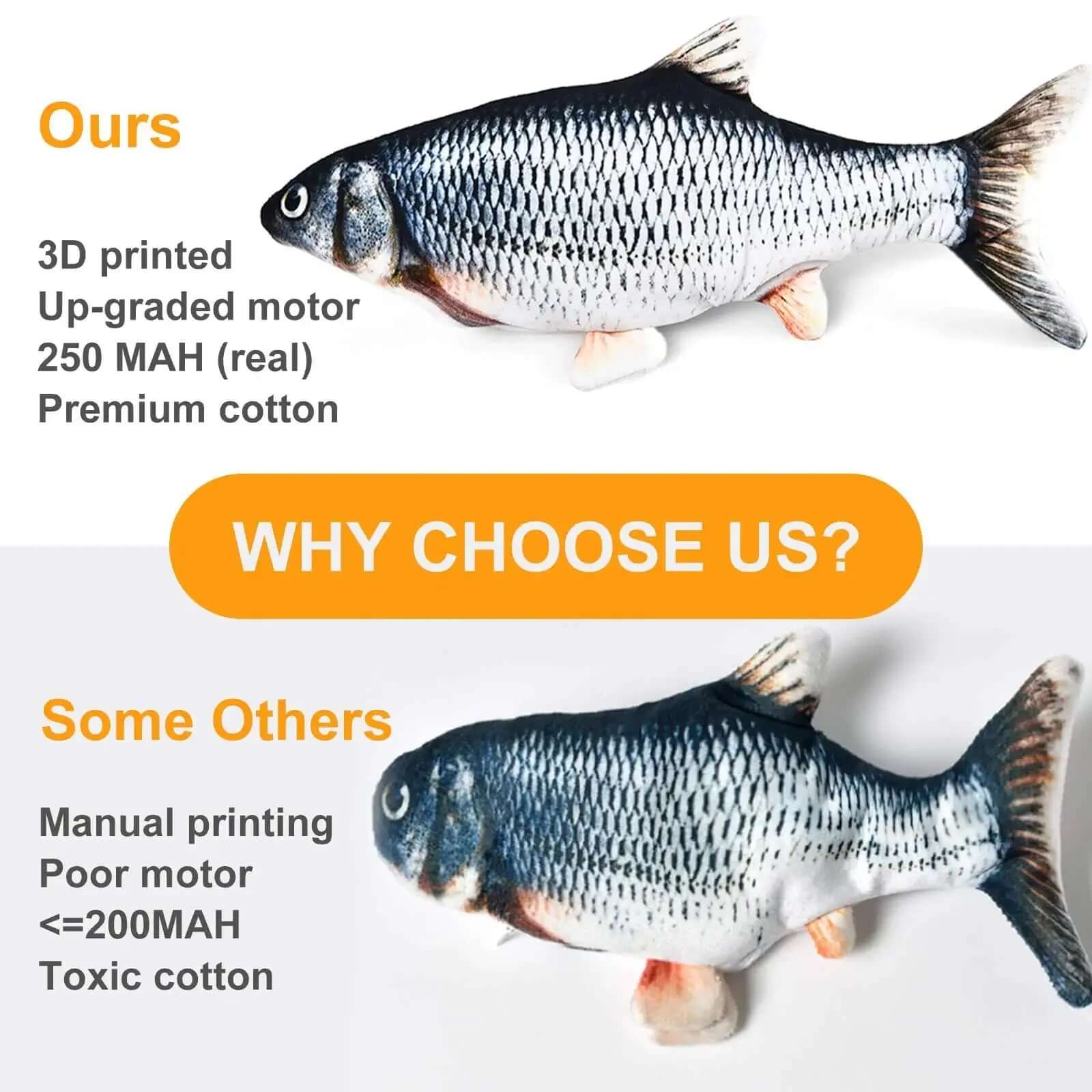 Comparison of 3D printed fish toys with text highlighting features and alternatives.