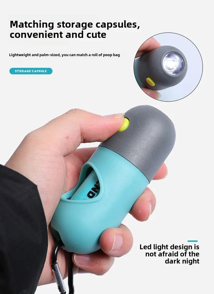 Hand holding a teal and gray storage capsule with LED light feature, text about matching storage capsules and LED light design.