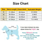 Size chart for dog collars with neck length, chest girth, and suitable weight ranges.