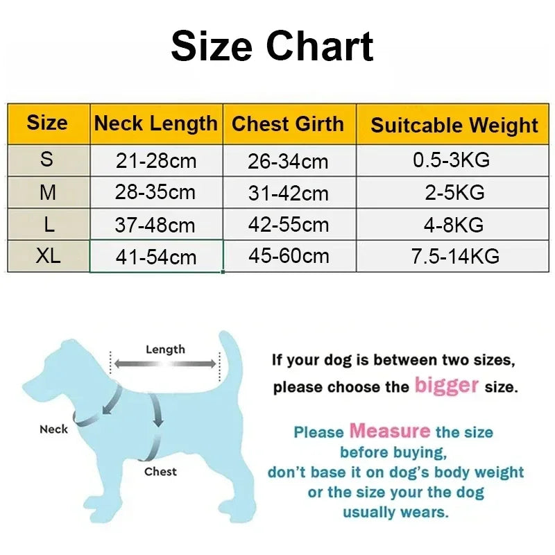 Size chart for dog collars with neck length, chest girth, and suitable weight ranges.