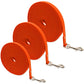 Three orange dog leashes with metal clips on a white background