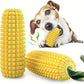 Dog playing with a corn-shaped chew toy on a white background