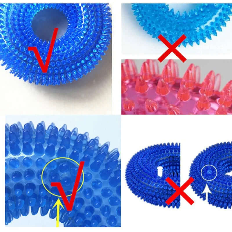 Comparison of blue and red circular objects with checkmarks and crosses indicating correct and incorrect designs.