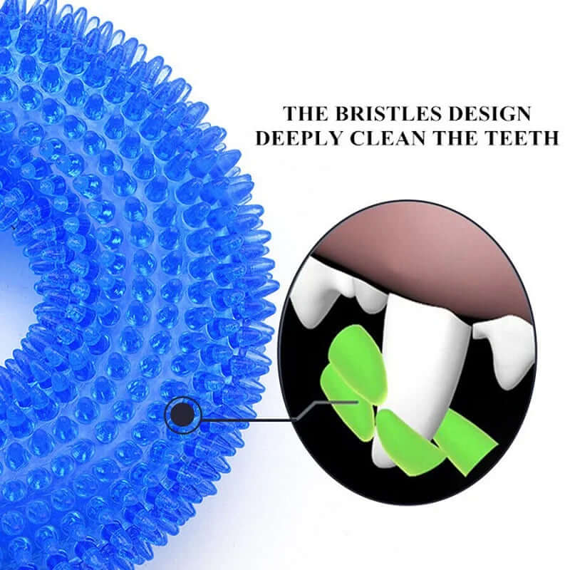 Blue bristle toothbrush design with close-up of bristles and teeth illustration.