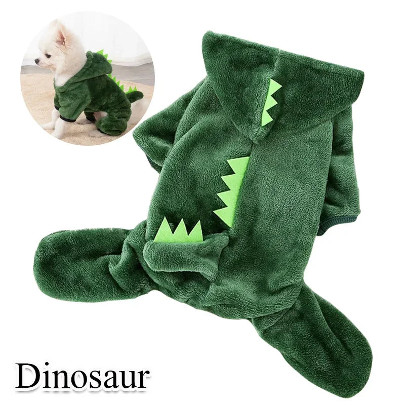 Green dinosaur costume for pets with a small dog wearing it in the corner.