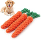 Dog toy shaped like carrots with green tops, next to a dog on a white background