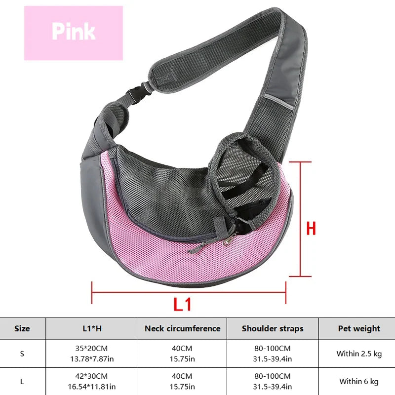 Gray and pink pet carrier with measurements and size chart on a white background