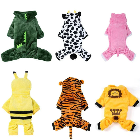 Collection of animal-themed pet costumes on a white background