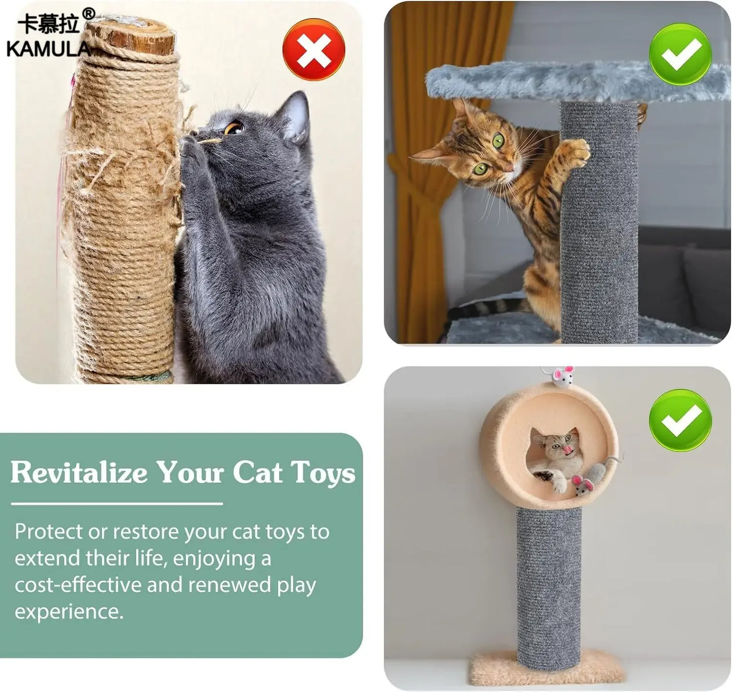 Collage of cats interacting with cat toys, with text on revitalizing cat toys.