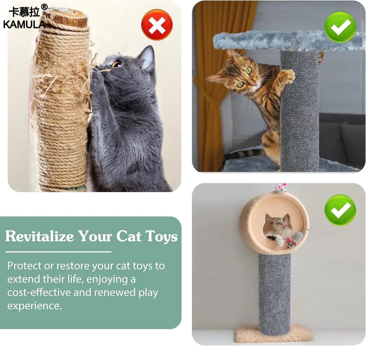 Collage of cats interacting with cat toys, with text on revitalizing cat toys.