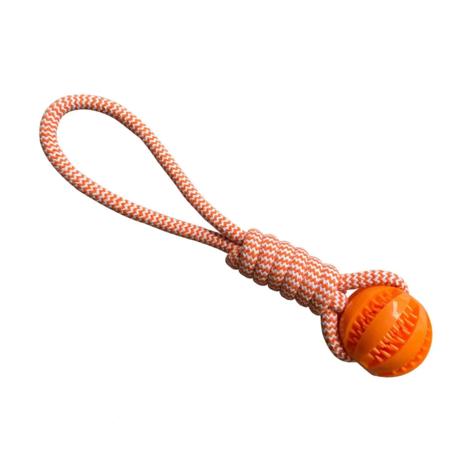 Dog toy with orange ball and rope on a white background