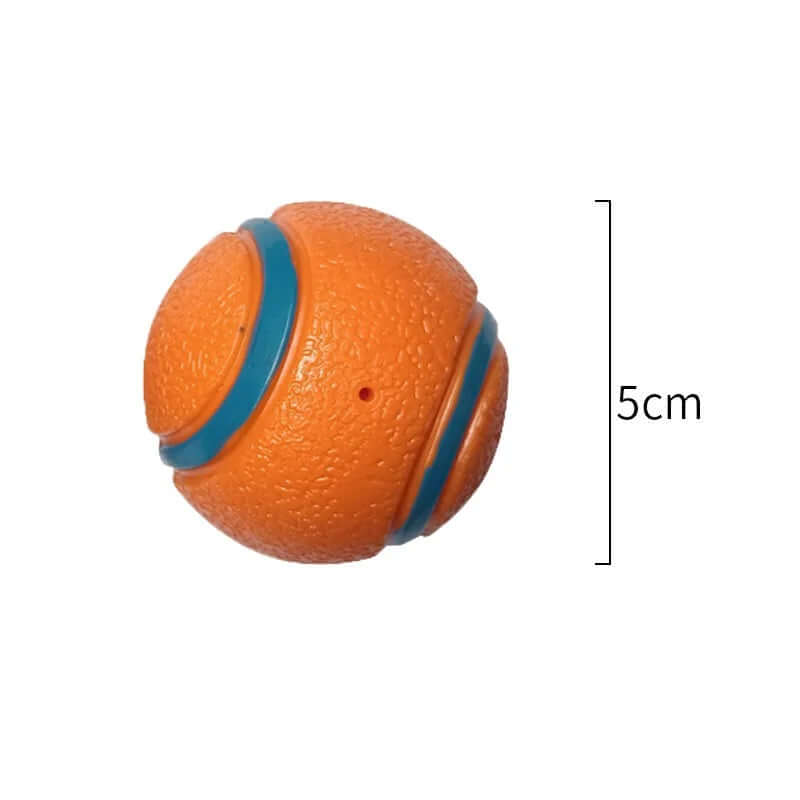 Orange ball with blue bands and a measurement label on a white background