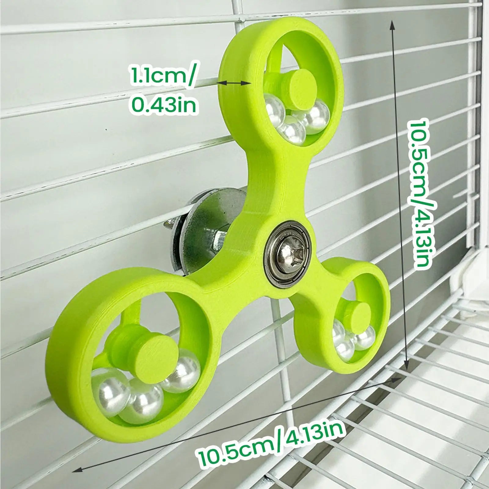 Green fidget spinner with measurements on a white background
