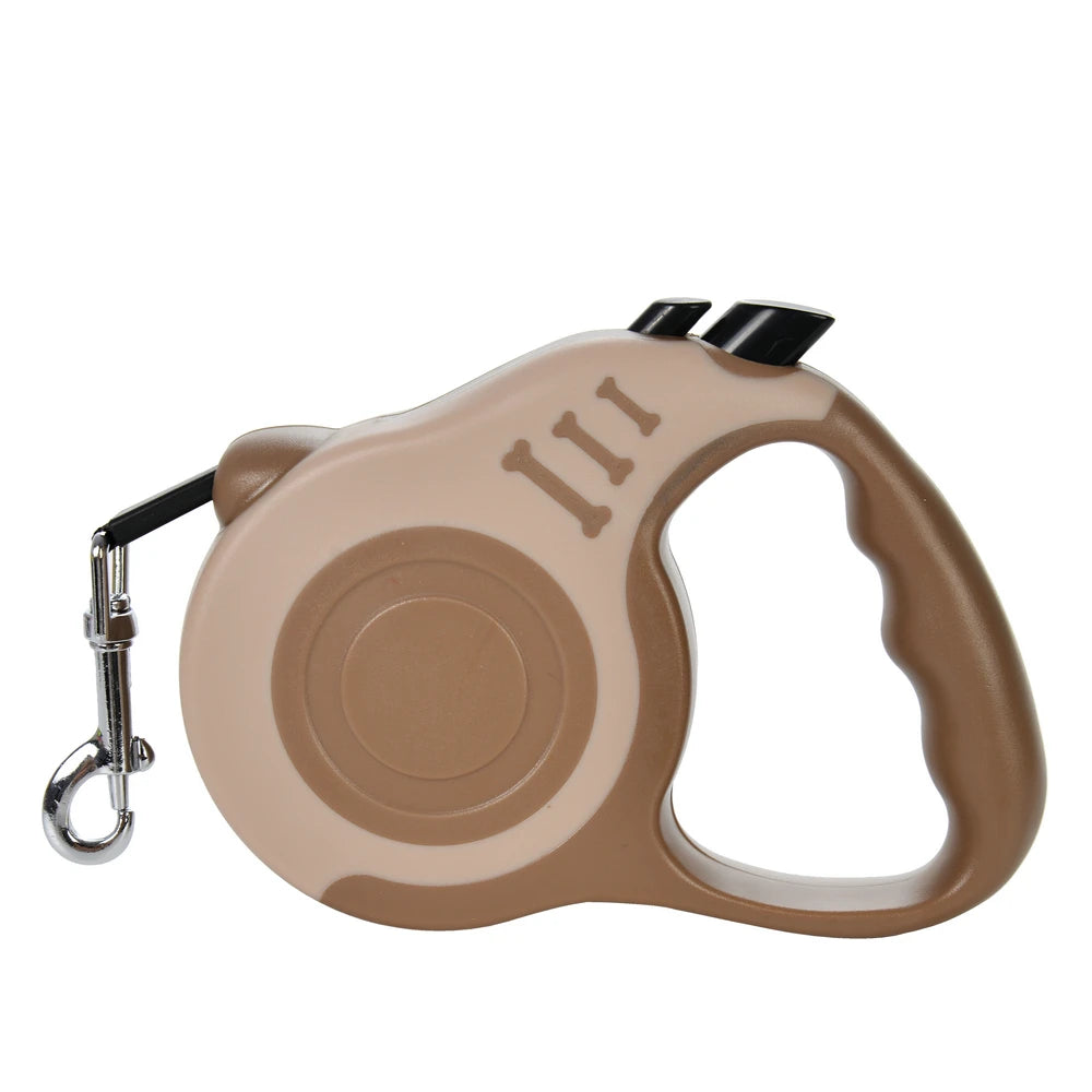 Beige retractable dog leash with handle and clip on a white background