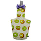 Pinafore with kiwi pattern and purple bow on a white background