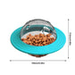 Pet food bowl with a transparent dome lid containing kibble, on a white background with measurements indicated.