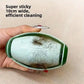 Hand holding a green cleaning tool with hair collected on it, text indicating 'Super sticky 10cm wide, efficient cleaning'.