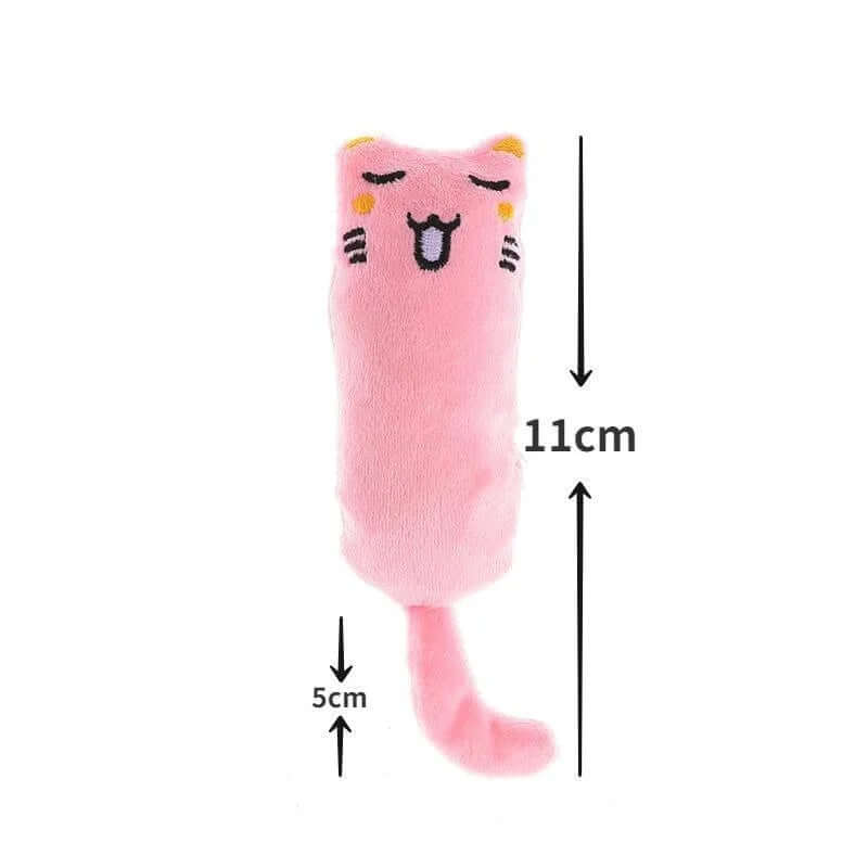 Pink cat-shaped toy with measurements on a white background
