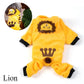 Yellow lion-themed pet onesie with a crown on a white background
