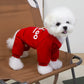 Small white dog wearing a red hoodie with text, sitting on a brown chair.