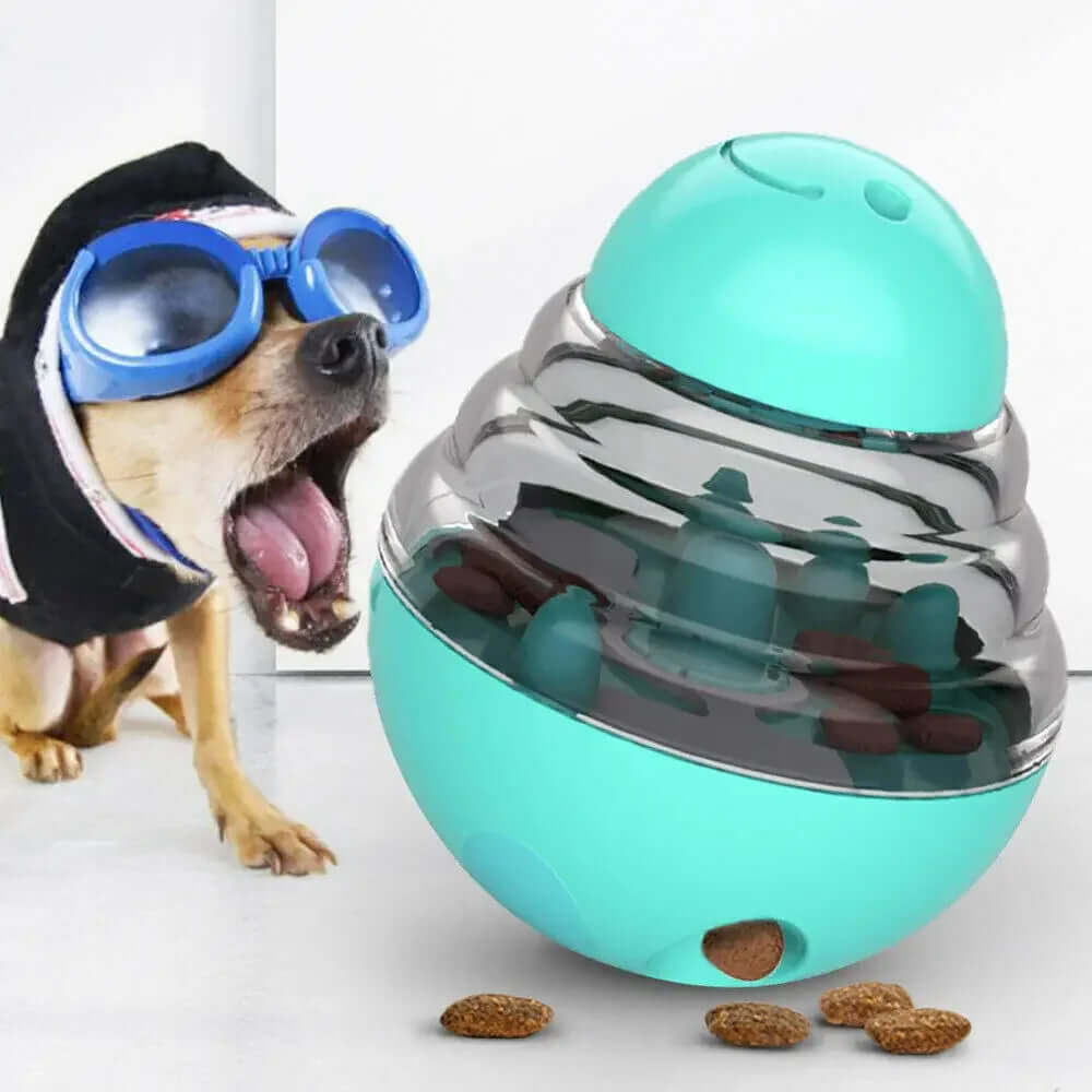 Dog wearing goggles with a teal and silver ball toy on a white background
