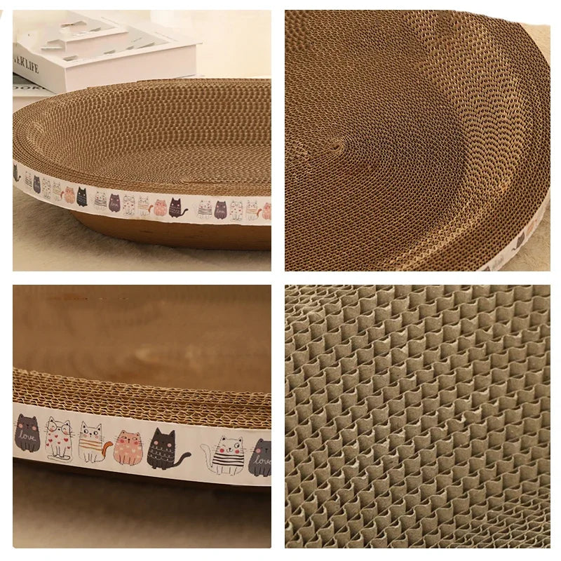 Collage of a cardboard cat bed with close-up details on a neutral background