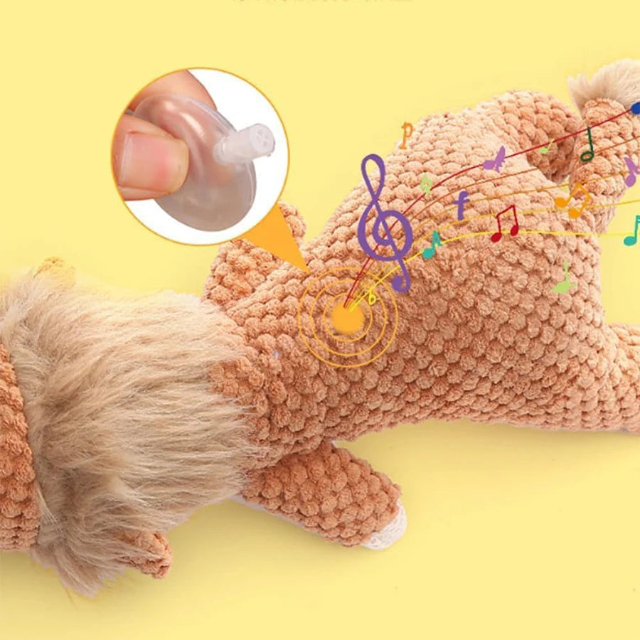 Plush toy with a music note and colorful notes on a yellow background