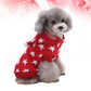 Small dog wearing a red sweater with white patterns on a white background