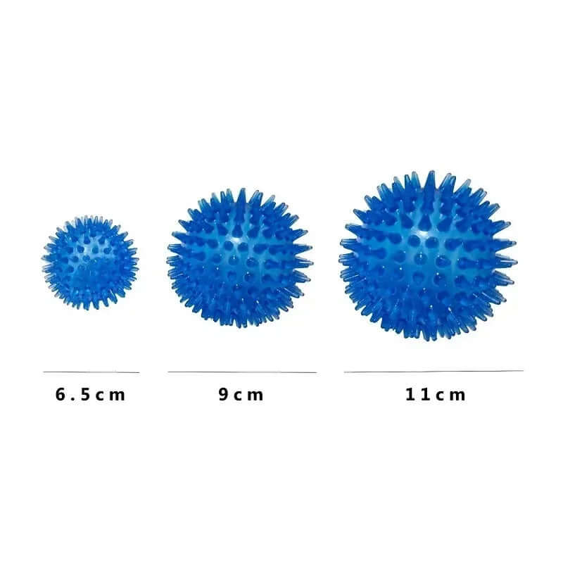 Three blue spiky balls of different sizes with measurements on a white background