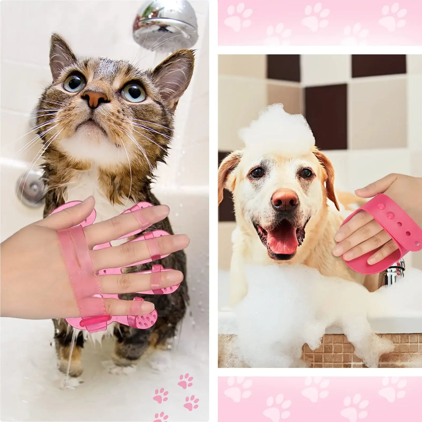 Collage of a cat and dog being bathed with a pink pet grooming tool.