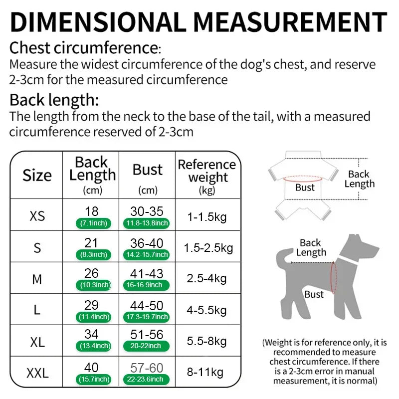 Dog size chart with measurements for chest circumference, back length, bust, and reference weight.