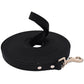 Black dog leash with a metal clip on a white background