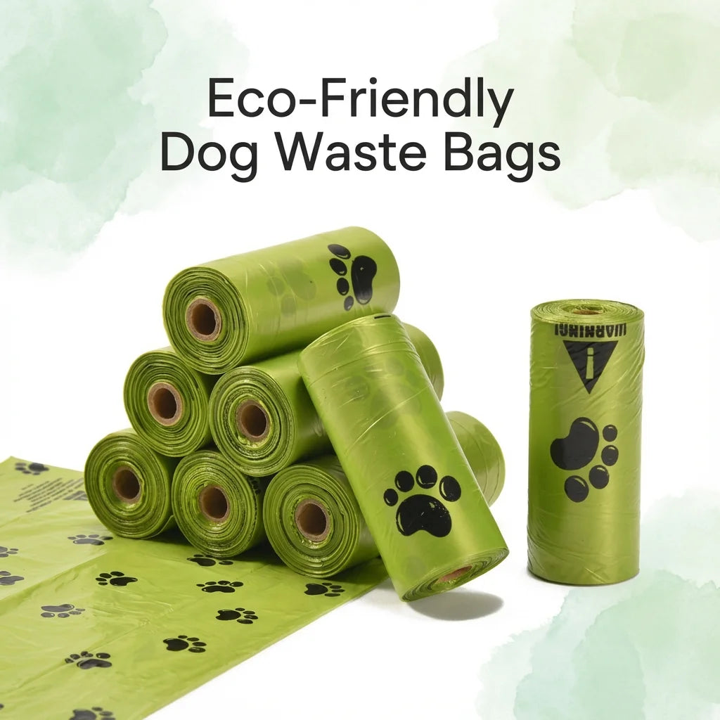 Green eco-friendly dog waste bags with paw prints on a light green background