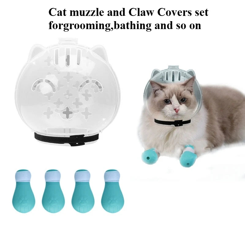 Cat muzzle and claw covers set with a cat wearing the muzzle on a white background