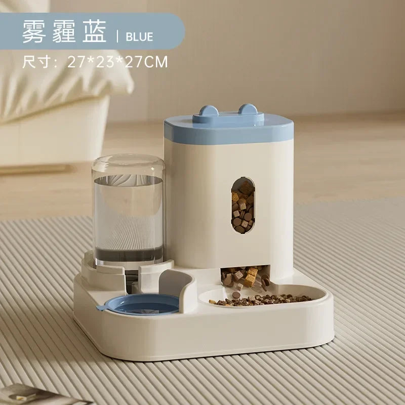 Pet feeder and water dispenser on a textured surface with text indicating dimensions.