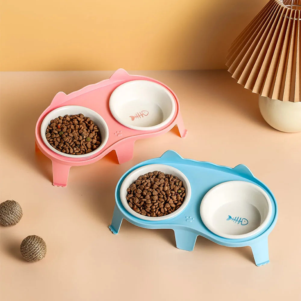 Ceramic Cat Bowl Double Bowl - Elevated Slanted Pet Food Water Bowls, High-Quality Kitten Feeding Drinking Bowls, Pet Supplies