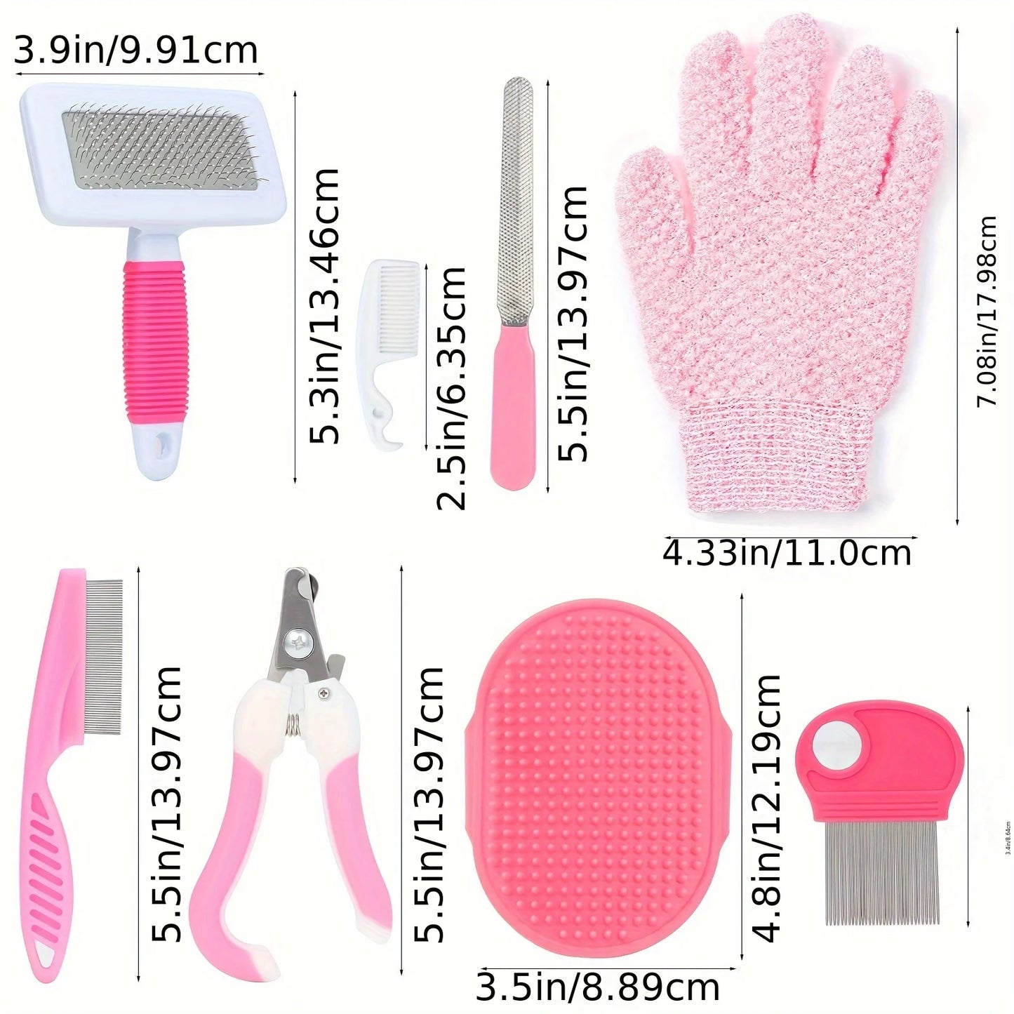 Set of pet grooming tools with measurements on a white background