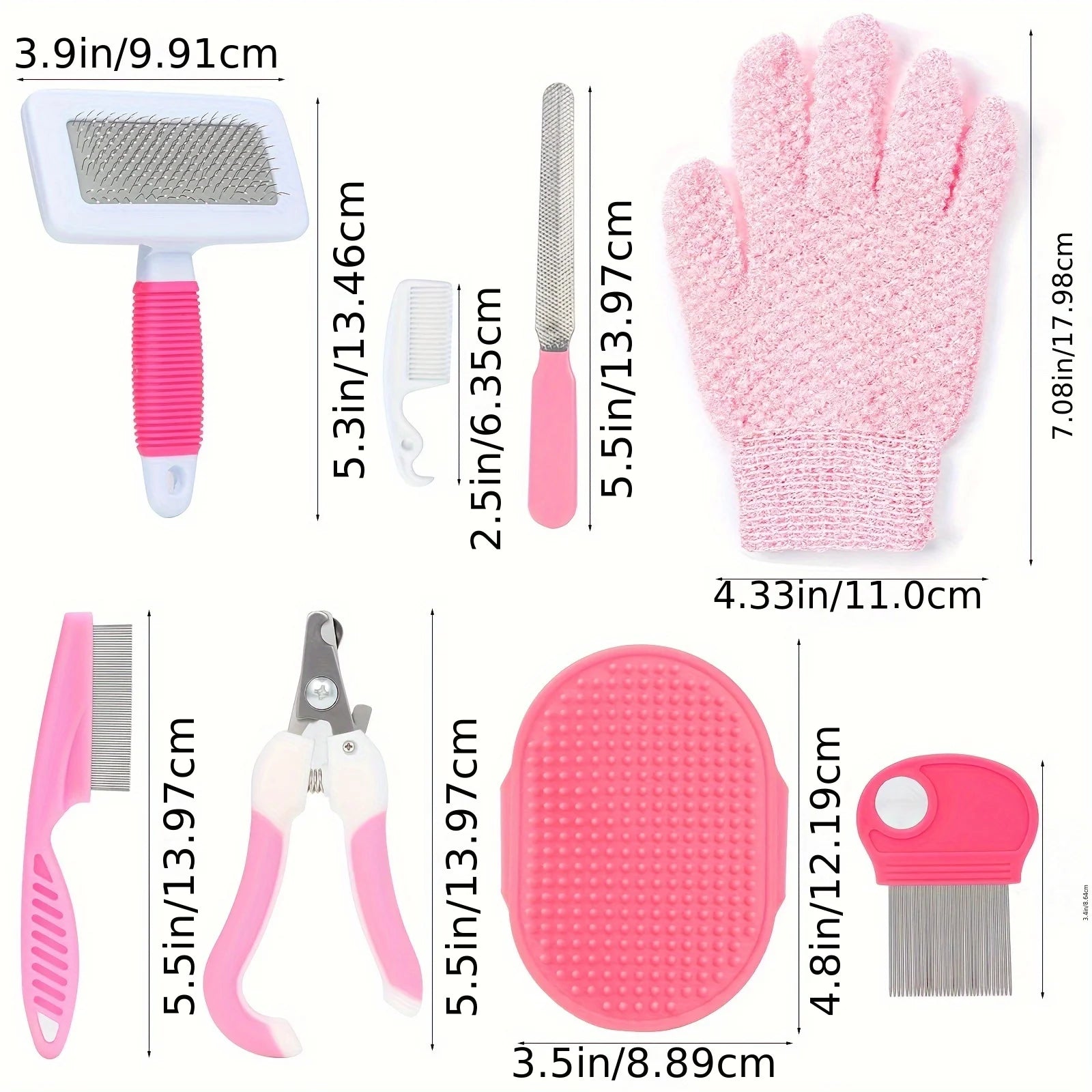 Set of pet grooming tools with measurements on a white background