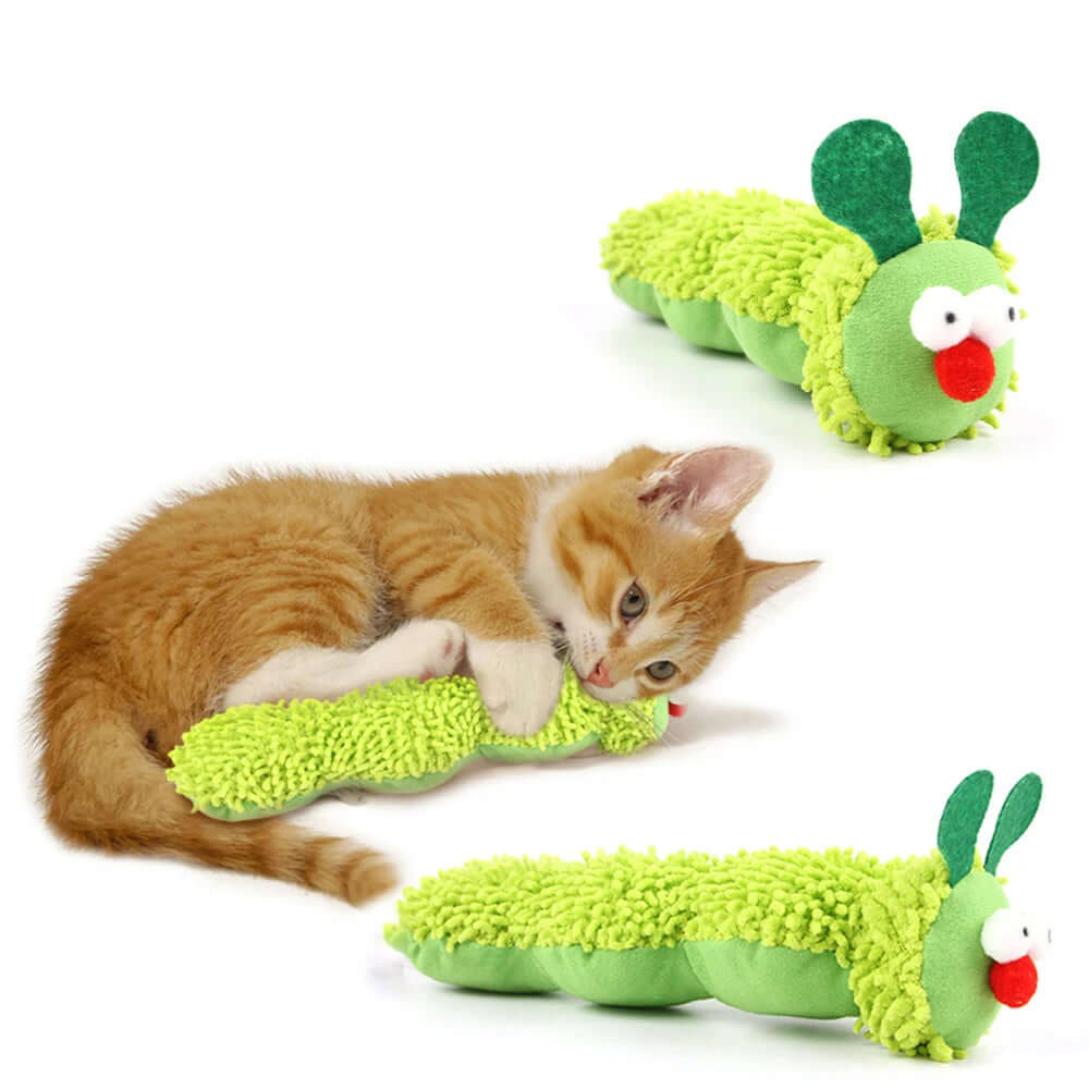 Green caterpillar-shaped cat toy with a kitten playing with it on a white background