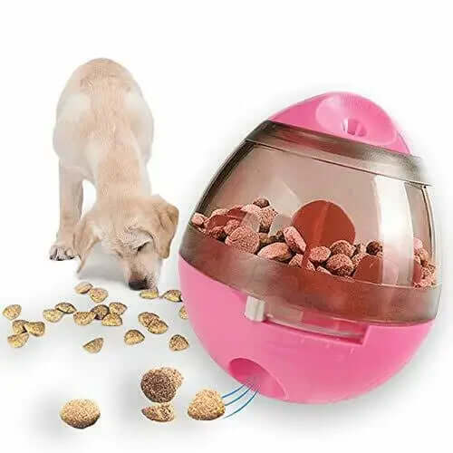 Pink and clear dog toy with food inside, next to a dog eating from a bowl of food.