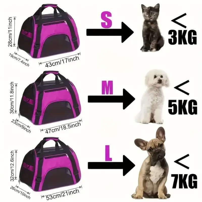 Pet carrier with size chart for cats, small dogs, and medium-sized dogs.