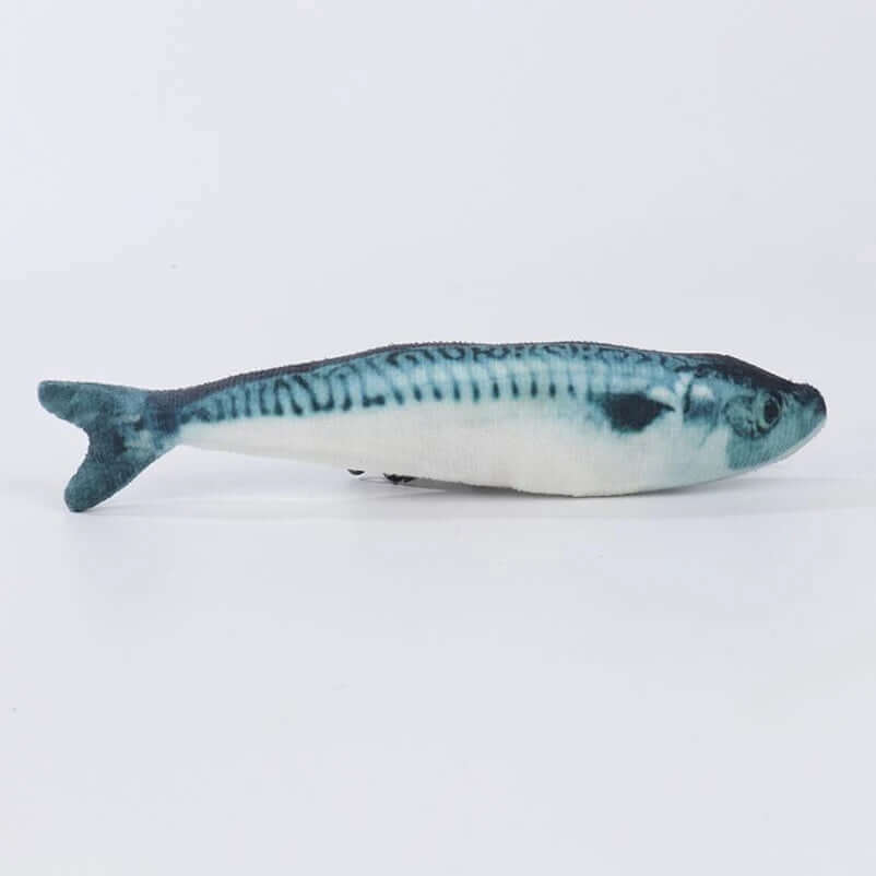 Fish toy with blue and white pattern on a light gray background