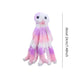 Colorful plush octopus toy on a white background with dimensions indicated.